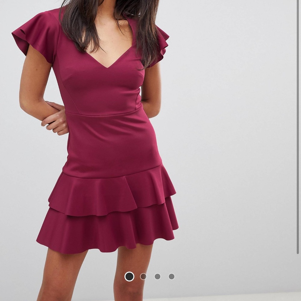 Asos mini v neck scuba dress with ruffles.